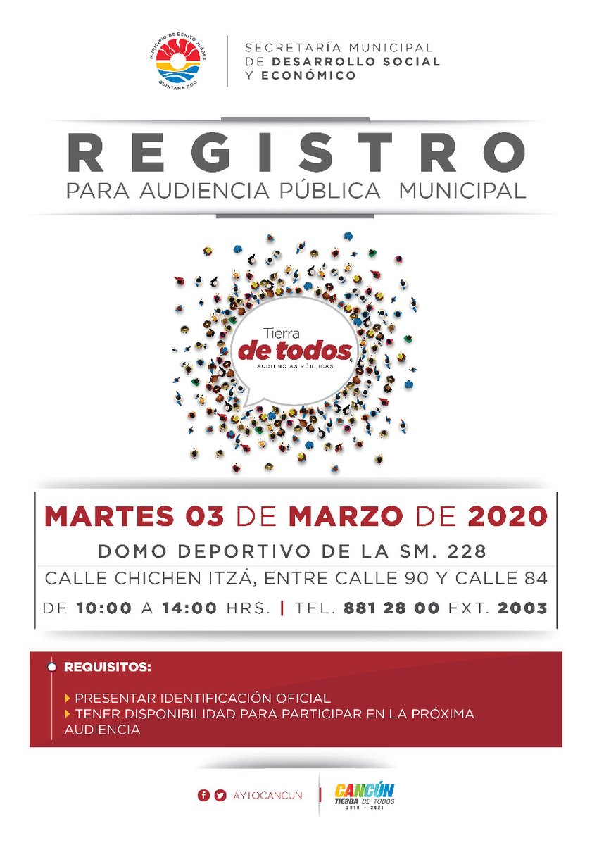 MaraLezama's tweet photo. Les recuerdo que mañana tenemos registro para la siguiente Audiencia Pública #TierraDeTodos. Acude al domo deportivo de la #Sm228 de 10:00 am a 2:00 pm ¡No falten! #JusticiaSocial #CancúnTierraDeTodos https://t.co/EJeLeYLRWJ