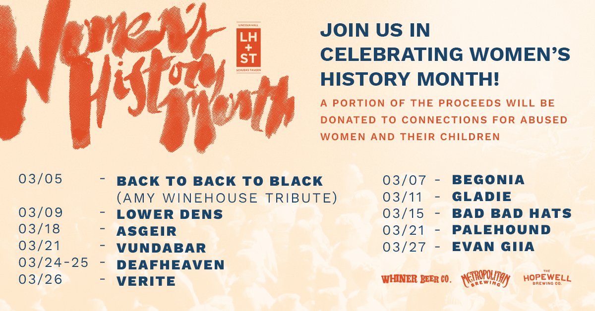 LincolnHall's tweet photo. For Women's History Month we will be donating $1 per beer to @CAWC_Chicago (Connections for Abused Women and their Children) 👩🏻👩🏿👩🏼👩🏽👩🏾

Come out to any of the shows listed and have a beer or two! 🍺 https://t.co/44y1wLQf2n