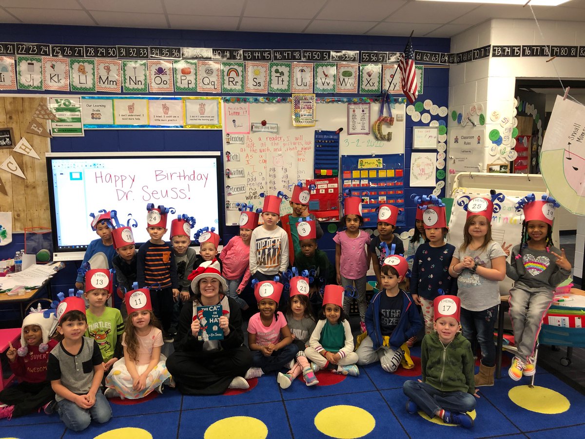 DanielleCourte6's tweet photo. We had a pretty successful birthday celebration for Dr Seuss that included green snacks in honor of Green Eggs and Ham, a sock pictograph for Fox in Socks, and a special visit from the Cat in the Hat (aka me). #devotedteacher #DrSeuss @NoviVillageOaks @NCSD https://t.co/U131ibtkYf