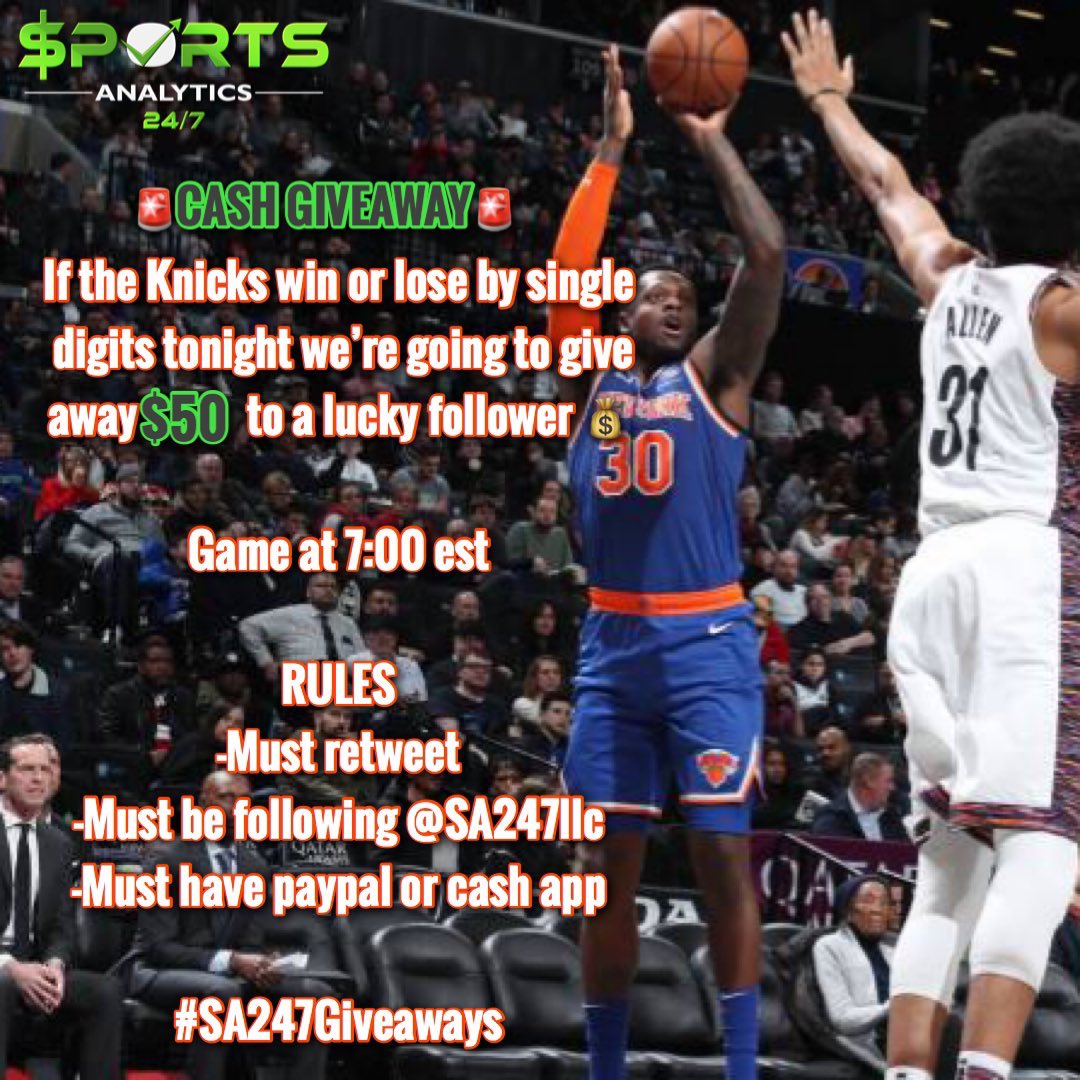 KnicksMemes's tweet photo. 🚨 CASH GIVEAWAY 🚨 
If the Knicks win or lose by single digits tonight we’re going to give away $50 to a lucky follower 💰

Game at 7:00 est 

RULES
-Must retweet
-Must be following @SA247llc 
-Must have paypal or cash app

#SA247Giveaways https://t.co/PAIwo3W0PH