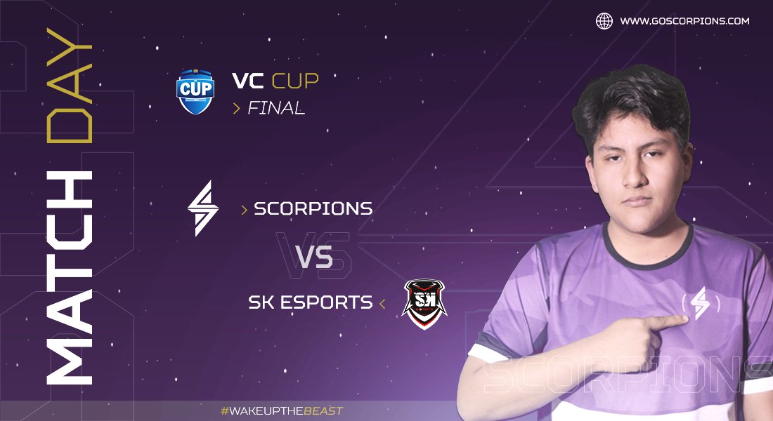 🦂| #MatchDay
🗡️| @VC_CUP
⌚| 9:00 🇵🇪

El día de hoy nos estaremos enfrentando a @SK_ESP0RTS por la FINAL de la #VCCup. 

¿Lograremos salir victoriosos? 🦂

#WakeUpTheBeast