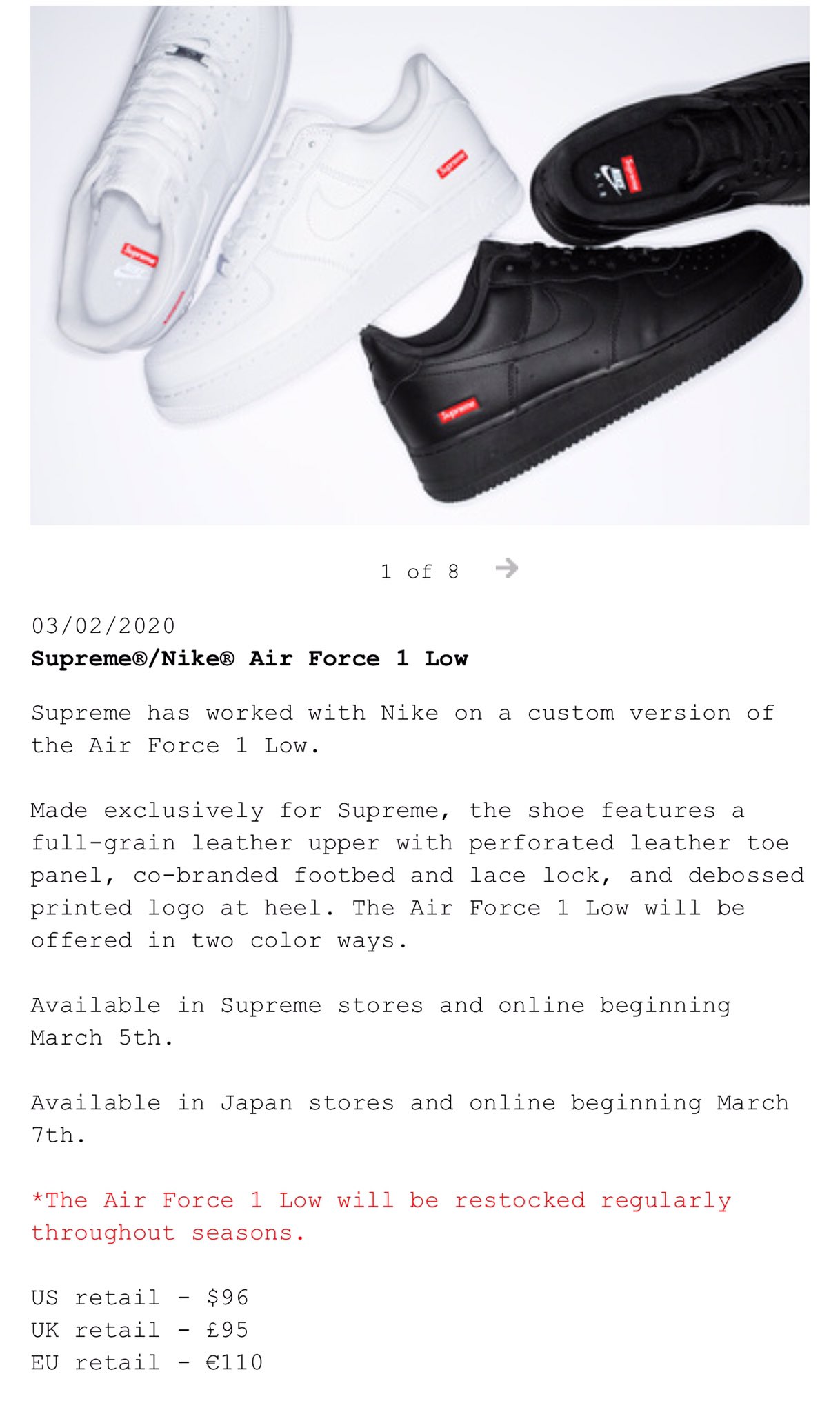 when will supreme restock air force 1