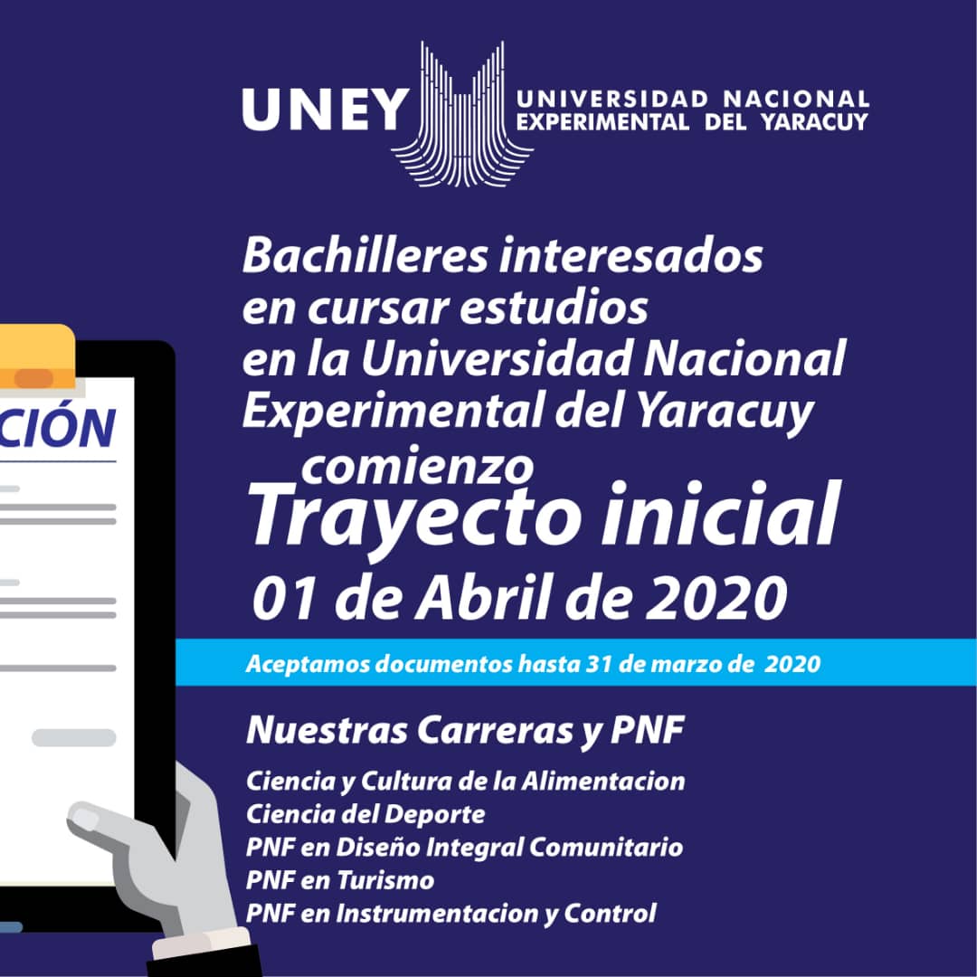 Si eres bachiller o no has aprobado el ciclo introductorio, la UNEY te invita a participar en el proceso de inscripción 2020-01 hasta el 31 de marzo. #Yaracuy #InscripcionesUNEY2020  <a href="/FundaciteYara/">Fundacite Yaracuy</a> <a href="/MPPEUVEN/">MPPEU</a> <a href="/MedozaWullian/">Wullian Mendoza</a> <a href="/uney_oficial/">UNEY</a>