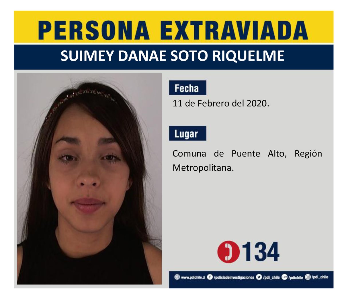 Ayúdanos a encontrar a Suimey Soto, extraviada en la comuna de #PuenteAlto, Región Metropolitana, el 11 de febrero de 2020. Más información en:  bit.ly/2Xo30In