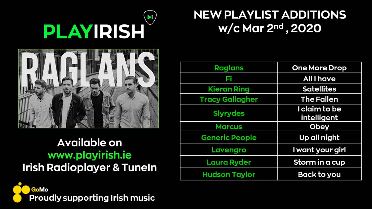 PLAYIRISH (@playirish) on Twitter photo 10 new tracks on the #PLAYIRISH list this week. New musical gifts from <a href="/Raglans/">Raglans</a> <a href="/fimusicofficial/">Fí</a> <a href="/KieranRing/">Kieran Ring</a> <a href="/tracygallagher/">Tracy Gallagher</a> <a href="/slyrydes/">slyrydes</a> <a href="/ymarcus39/">MarcusMusic</a> <a href="/GenericPeople/">Generic People</a> @LavengrOfficial <a href="/laurarydermusic/">pianowagon</a> <a href="/HudsonTaylor/">Hudson Taylor</a>
Go to playirish.ie/playlist for info on how to send us new music 10 new tracks on the #PLAYIRISH list this week. New musical gifts from <a href="/Raglans/">Raglans</a> <a href="/fimusicofficial/">Fí</a> <a href="/KieranRing/">Kieran Ring</a> <a href="/tracygallagher/">Tracy Gallagher</a> <a href="/slyrydes/">slyrydes</a> <a href="/ymarcus39/">MarcusMusic</a> <a href="/GenericPeople/">Generic People</a> @LavengrOfficial <a href="/laurarydermusic/">pianowagon</a> <a href="/HudsonTaylor/">Hudson Taylor</a>
Go to playirish.ie/playlist for info on how to send us new music