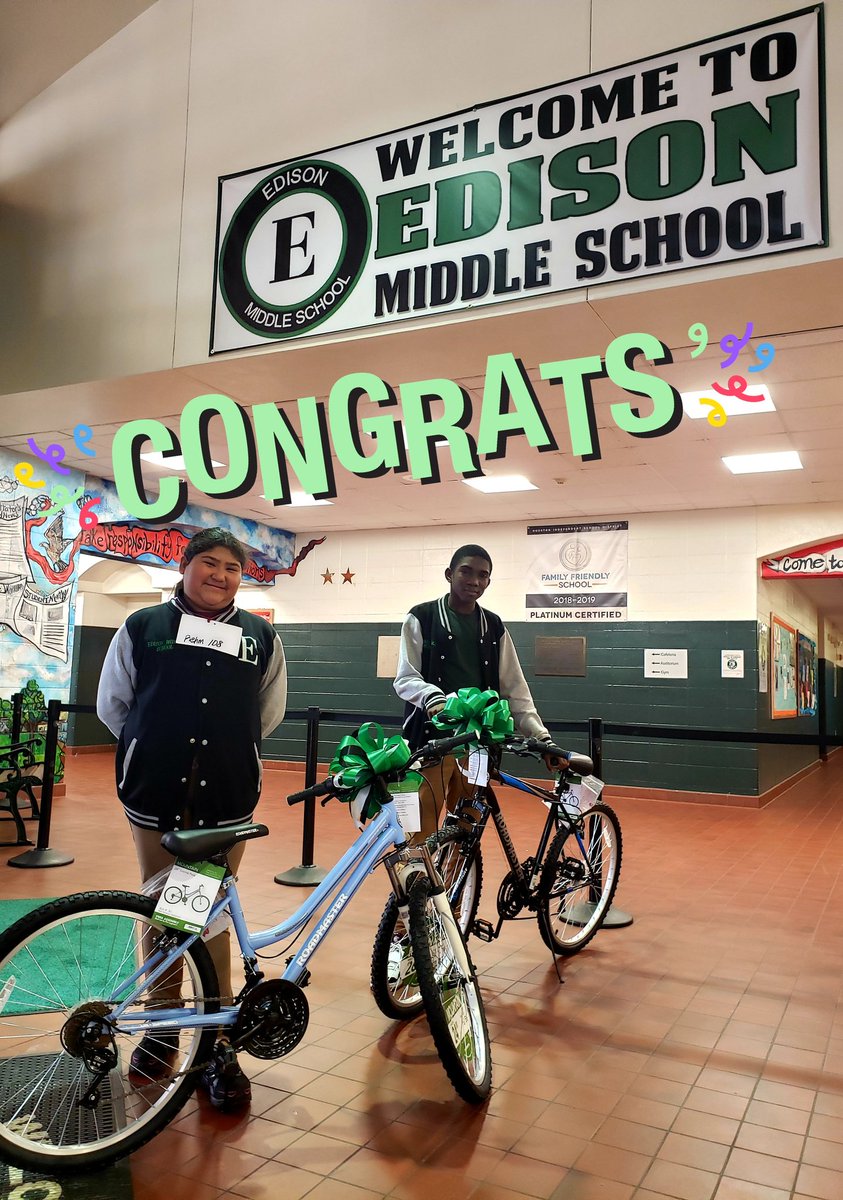 Congratulations to our Perfect Attendance Bike Raffle Winners for the month of February! All thanks  to our awesome PTO! @HISDEastArea @LopezprinciPAL #perfectattendance #rangerthings #teamhisd #edisonms