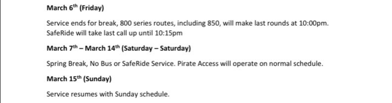 ECUTransit's tweet photo. See picture below for service changes during Spring Break. #ServiceUpdate #ECUTransit #ECUSafeRide https://t.co/llEI8xJ2B7
