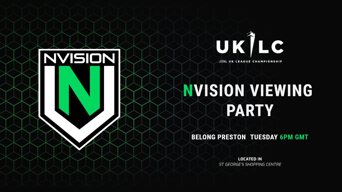 NVISIONESPORTS_'s tweet photo. We are excited to announce that we will be hosting a viewing party for our League of legends #UKLC game, at @BelongPreston tomorrow! Come down to meet the owners, win prizes and support your local Esports team!

#BleedGreen #NVWIN #BecomeInvincible https://t.co/zSB7D9BIHQ