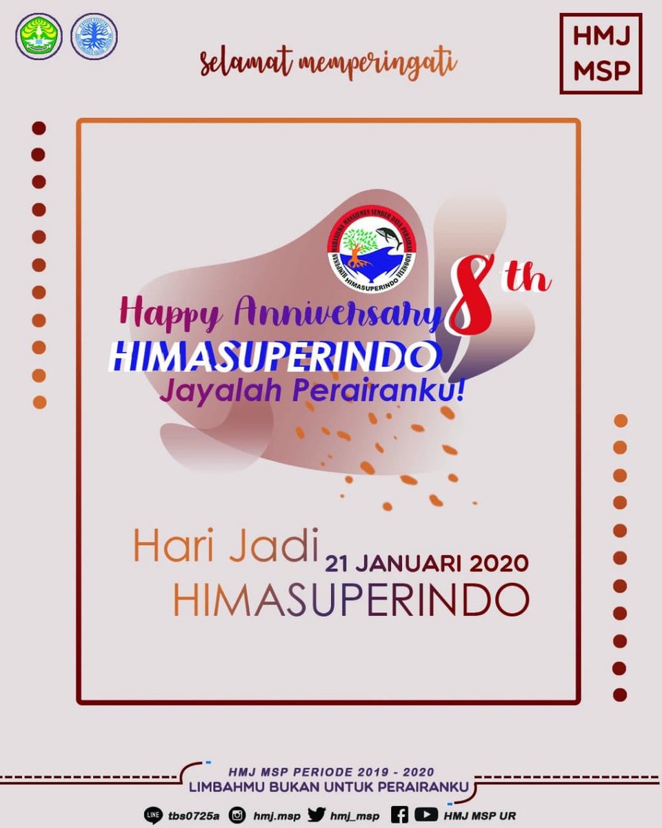 HMJ_MSP's tweet photo. [HAPPY ANNIVERSARY HIMASUPERINDO]
-
Assalamu'alaykum warahmatullahi wabarakatuh
Hidup Mahasiswa!
-
Keluarga besar HMJ MSP mengucapkan selamat hari jadi HIMASUPERINDO ke-8, semoga tetap menjadi wadah yang solid bagi mahasiswa jurusan Manajemen Sumberdaya Perairan se-Indonesia https://t.co/rDP02ivfO4