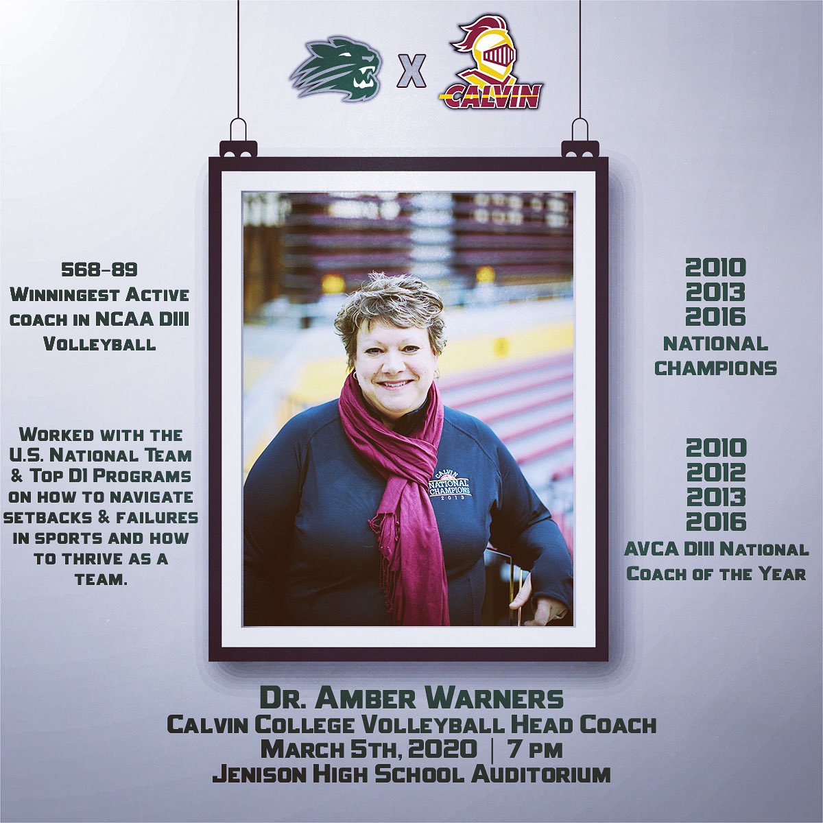 JenisonWildcats's tweet photo. Don’t miss this. Head Coach of @CalvinVball, @AmberWarners, will be @JenisonSchools this Thurs evening speaking on a variety of Sports Psychology topics. We encourage all athletes, coaches, &amp; parents to be there to listen to the same message she gives to the @usavolleyball team! https://t.co/NNpygJGJ7q