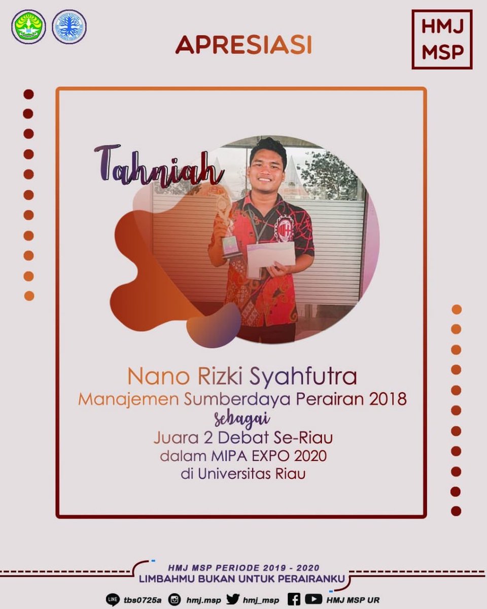 HMJ_MSP's tweet photo. [APRESIASI]
-
Assalamu'alaikum warahmatullahi wabarakatuh.
Hidup Mahasiswa!
-
Tahniah wa innalillah atas terpilihnya Nano Rizki Syahfutra dari Manajemen Sumberdaya Perairan 2018 sebagai Juara 2 Debat se-Riau dalam acara MIPA EXPO 2020 di Universitas Riau. https://t.co/9Zj9iLhYim