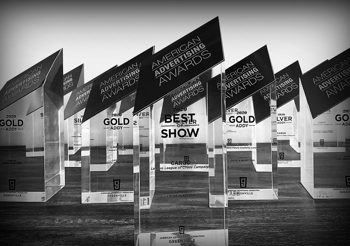 thecargoagency's tweet photo. We’re still a little sore from having to lug all this hardware back to the office—but it was worth it. We took home 12 awards from last weekend’s @AAFGVL celebration, including BEST IN SHOW for our League of Chaos campaign. https://t.co/3icxcG0WDi
