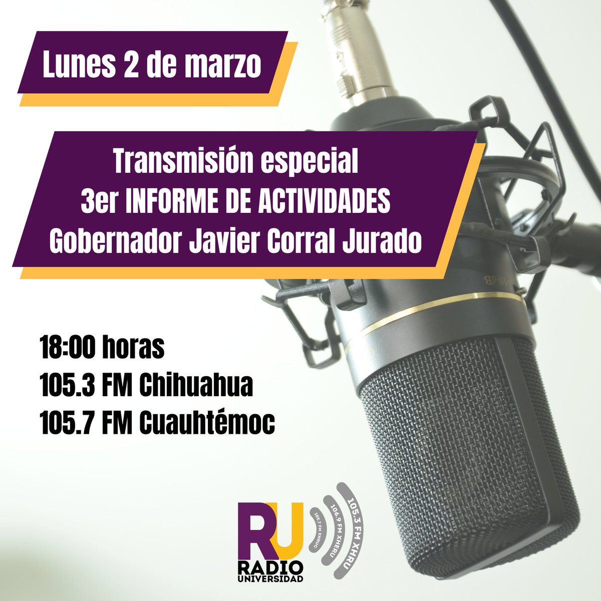 RU_UACH's tweet photo. Sigue nuestra transmisión en vivo hoy 18:00 horas por el 105.3 FM Chihuahua y 105.7 FM Cuauhtémoc. https://t.co/UsUB7fQwNW
