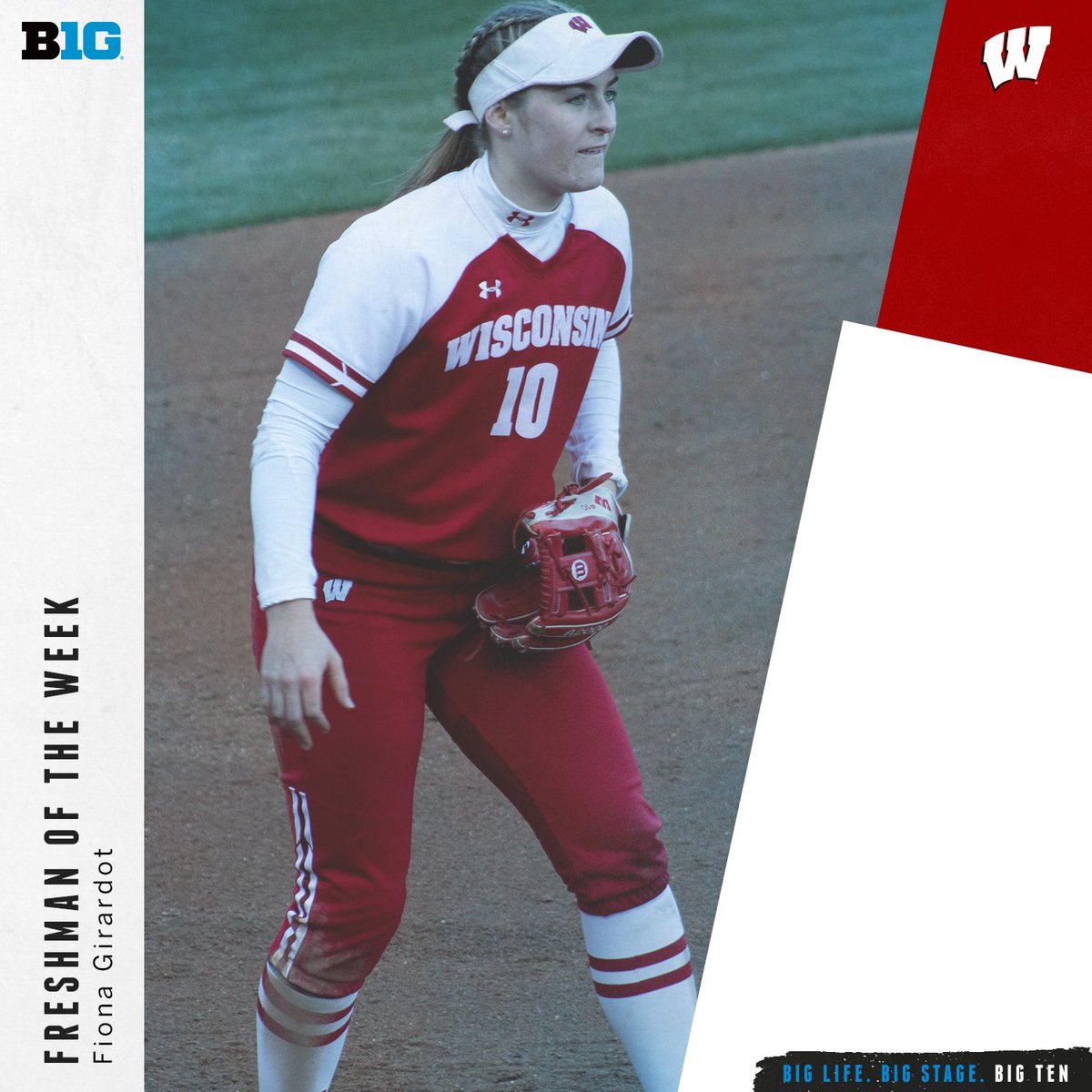 Fiona Girardot of <a href="/BadgerSoftball/">Wisconsin Softball</a> earned the #B1GSoftball Freshman of the Week award with a .357 BA, .438 OB% and .929 SLG%, plus 4 RBI, 6 runs and 2 HR last week for the #Badgers at the Sun Devil Classic: bit.ly/38e3ztG