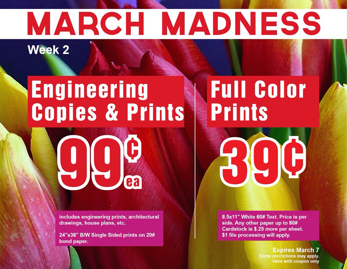copysource's tweet image. Welcome back to March and the madness of deals it entails. This week we’re offering our annual sale on Engineering Copies and Full Color Prints. Stop by or contact us today for a free quote on your next project!