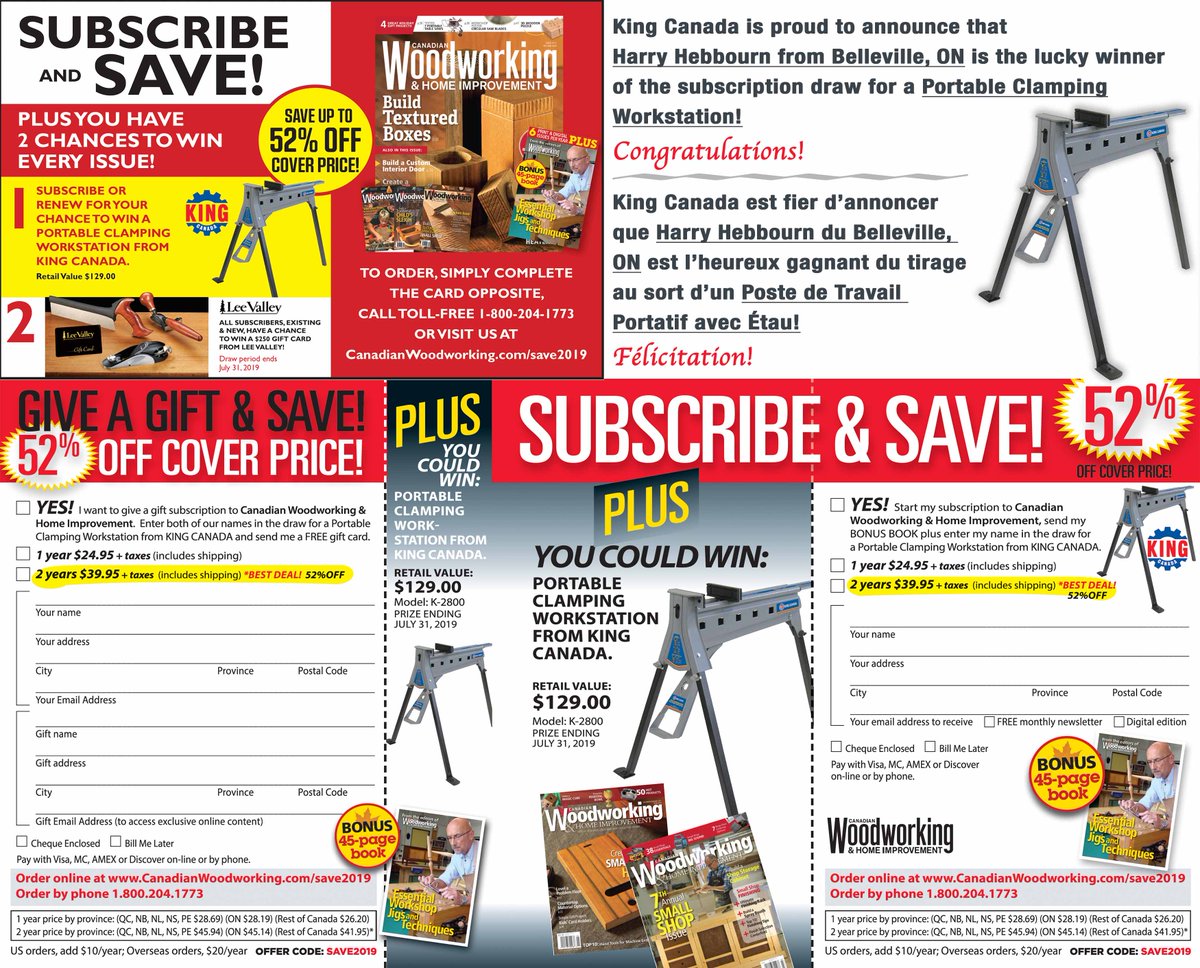 kingcanadainc's tweet photo. #winner #happywinner #bestdeal #woodworking #portableworkstation #subscribe #renew #discount #magazine #safemoney #gift #orderonline
#gagnant #gagnantheureux #travailabois #postedetravailportatif #enregistrer #renouveler #rabait #lemagazine #sauverargent @CWWmagazine https://t.co/e4X68BE0M5