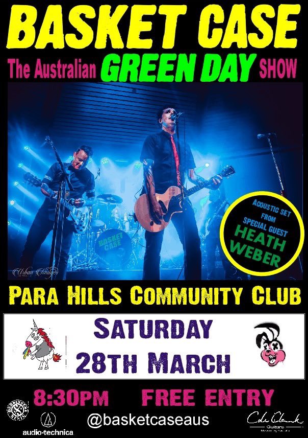 basketcaseaus1's tweet photo. Next gig, Para Hills Community Club March 28 with Heath Weber. #freeentry #greenday #tribute https://t.co/MzOfKa3deg