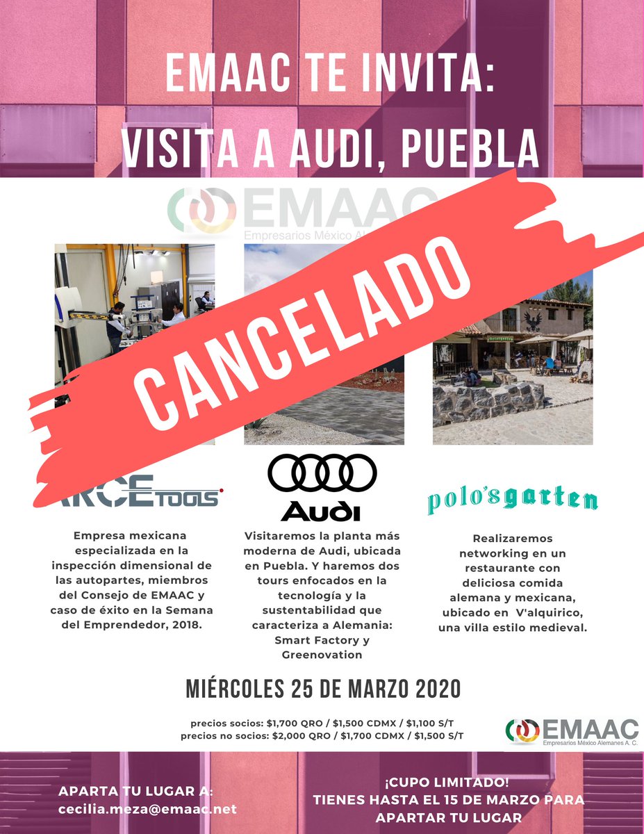 Emaac_oficial's tweet image. Estimad@s Empresari@s, de acuerdo a indicaciones de @AudideMexico debido a los recientes casos de #coronavirus en el país, la planta cancelará sus visitas hasta nuevo aviso. Lamentamos los inconvenientes. Les informaremos de nuevas fechas tan pronto nos notifiquen.