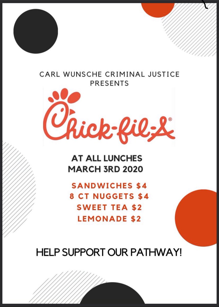 We will be selling Chick Fil A during all lunches tomorrow! Sandwiches and an 8ct nugget will be $4, and drinks are $2. Spread the word and support the pathway!