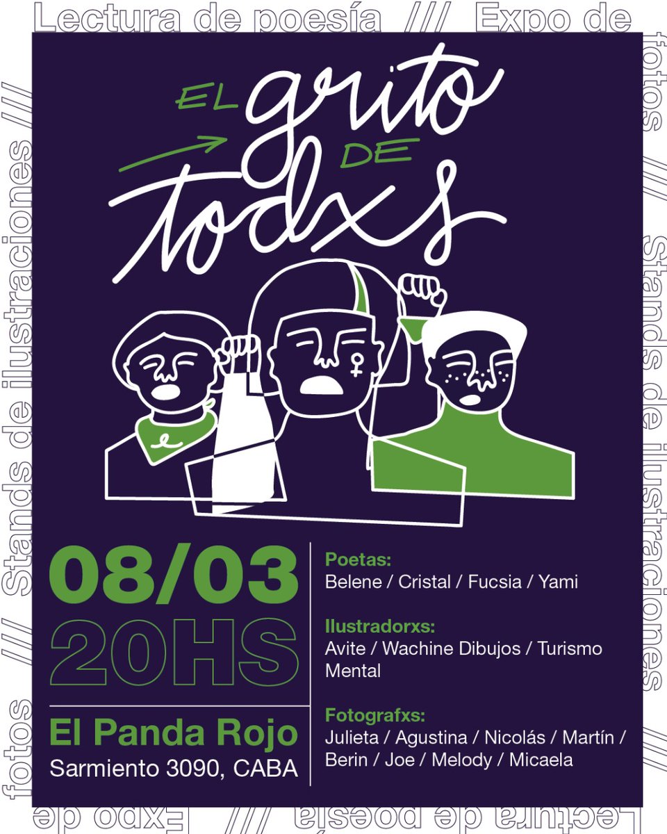 amalgamaok's tweet photo. 📣 ¡El grito de todxs!
Domingo 8 de Marzo, expo de fotos, lectura de poesía y stands de ilustraciones.
Lxs esperamos a las 20hs en Panda Rojo Espacio Cultural (Sarmiento 3096, CABA)//. Entrada en puerta $100
#8M #DiaInternacionalDeLaMujer #Amalgama https://t.co/2ZqA79IfHk