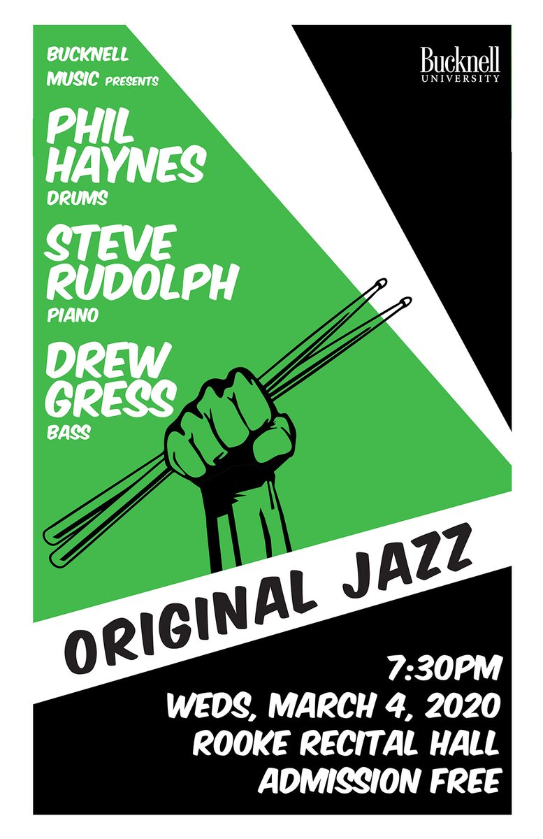 BucknellMusic's tweet photo. Phil Haynes, Steve Rudolph, and Drew Gress will be performing original jazz works on Wednesday, 3/4, at 7:30pm at Rooke Recital Hall. https://t.co/adCFiPZV7h