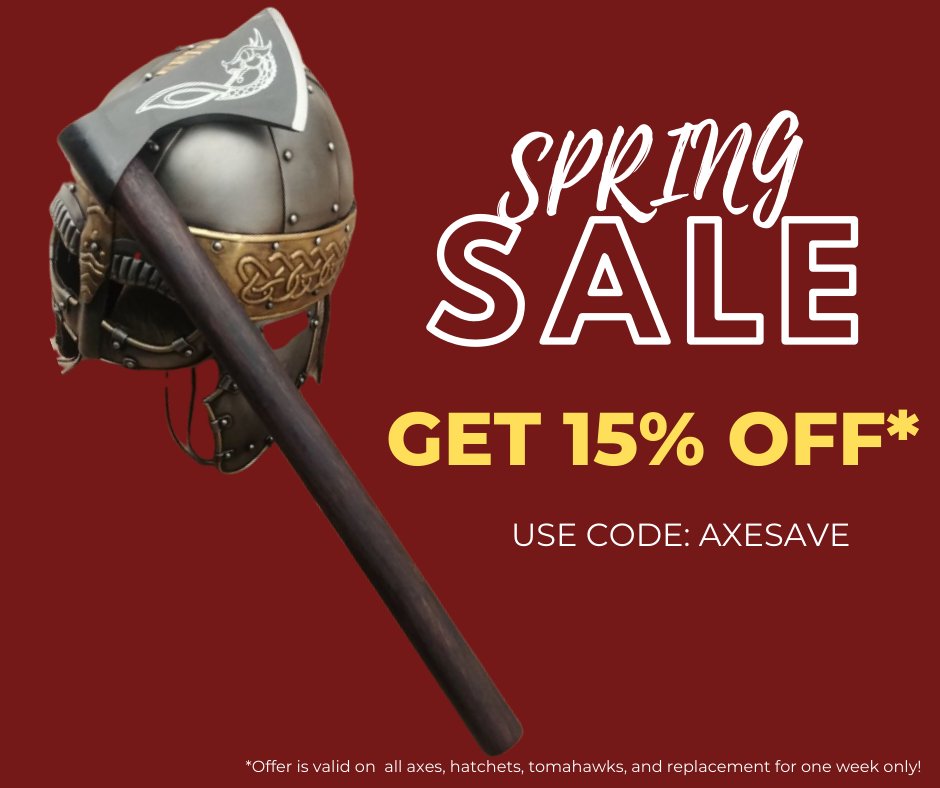 museumreplicas's tweet photo. Score big all week on axes! That's right, now through March 7th use code AXESAVE and get 15% off all axes, hatchets, tomahawks, and replacement, handles in Week 1 of our Spring Festival Sale.
Shop here: https://t.co/zG4fyiR3HQ https://t.co/LGmpAMphyl