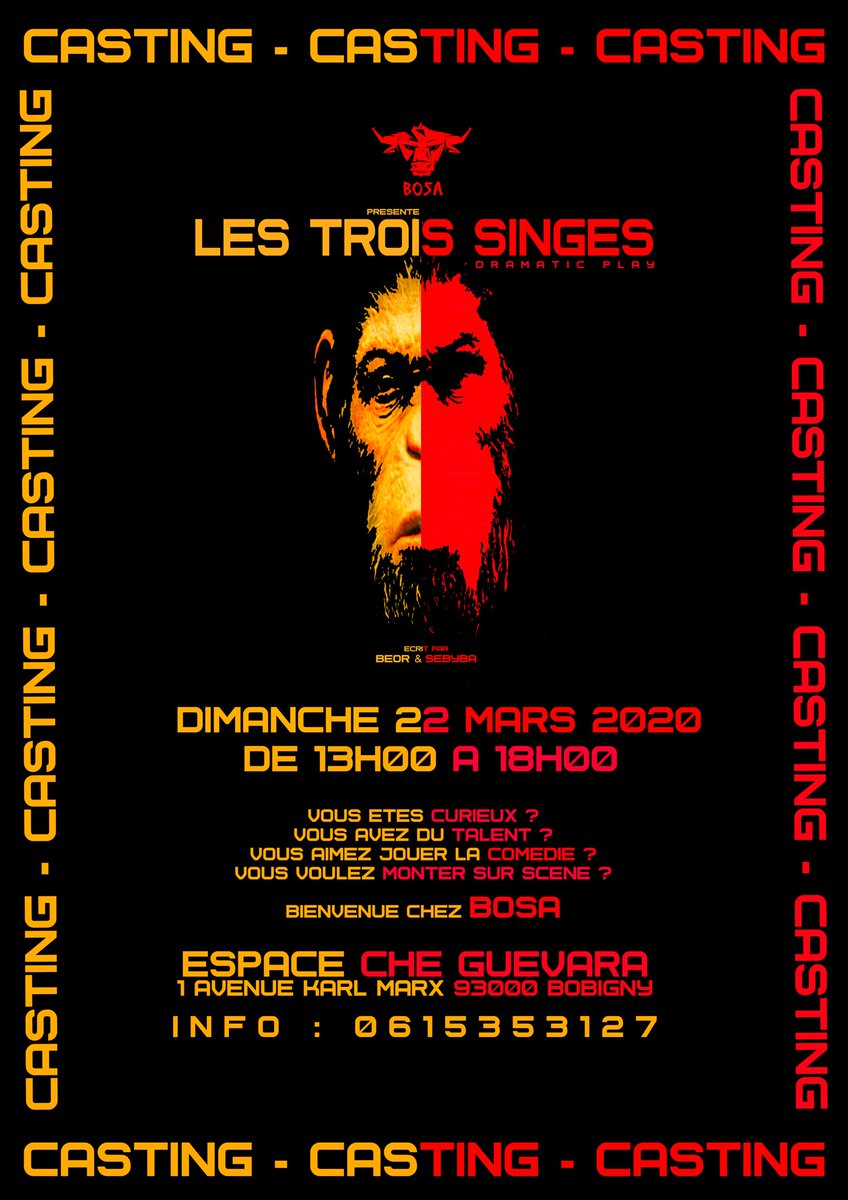BosaCompany's tweet photo. Casting pour la pièce de théâtre de BOSA, les trois singes, les trois singes est une pièce de théâtre dramatique soulevant plusieurs fais de société. https://t.co/Zsz1dnakCE