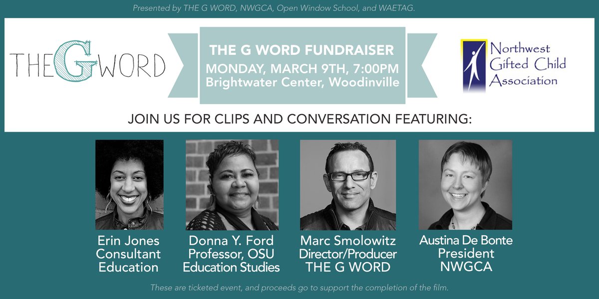 theGwordfilm's tweet photo. * JUST ANNOUNCED * Erin Jones will join THE G WORD fundraiser / expert panel happening in Woodinville, WA next Monday! See new footage, meet HiCap experts! Hurry, early bird pricing ends soon! Tickets: 👉 https://t.co/6eUCtnN7zj #TheGWordFilm #gifted #gtchat #edequity #edchat https://t.co/jwFa8DFNIB