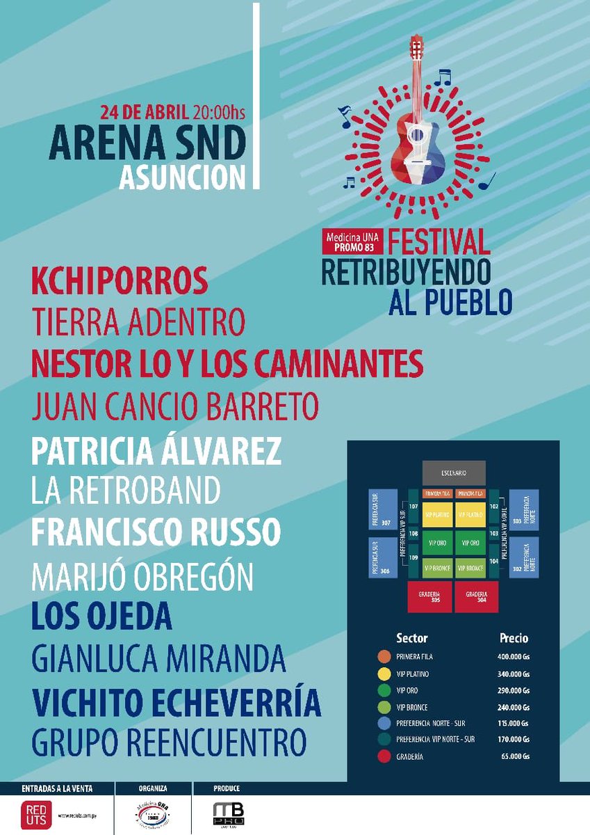 alvarezluispy's tweet photo. No te quedes sin tu lugar en este gran concierto con esta maravillosa constelación de artistas paraguayos!! 
Retribuyendo al Pueblo - Promoción 1983 FCM - UNA.
* 24 de abril de 2020.-
* 20:00 hs.
* Arena @sndpy 
* Entradas: @RedUTS_Py https://t.co/HLhCnpL1zT