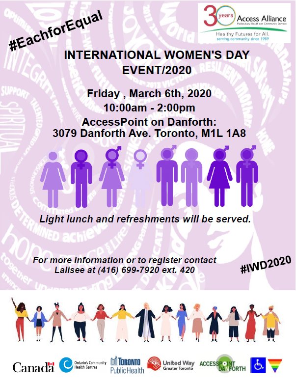 AccessAlliance's tweet photo. #EachforEqual Come join us this Friday at #AccessPointOnDanforth celebrating International Women's Day #equity #IWD2020 https://t.co/ln0aoNjgVK