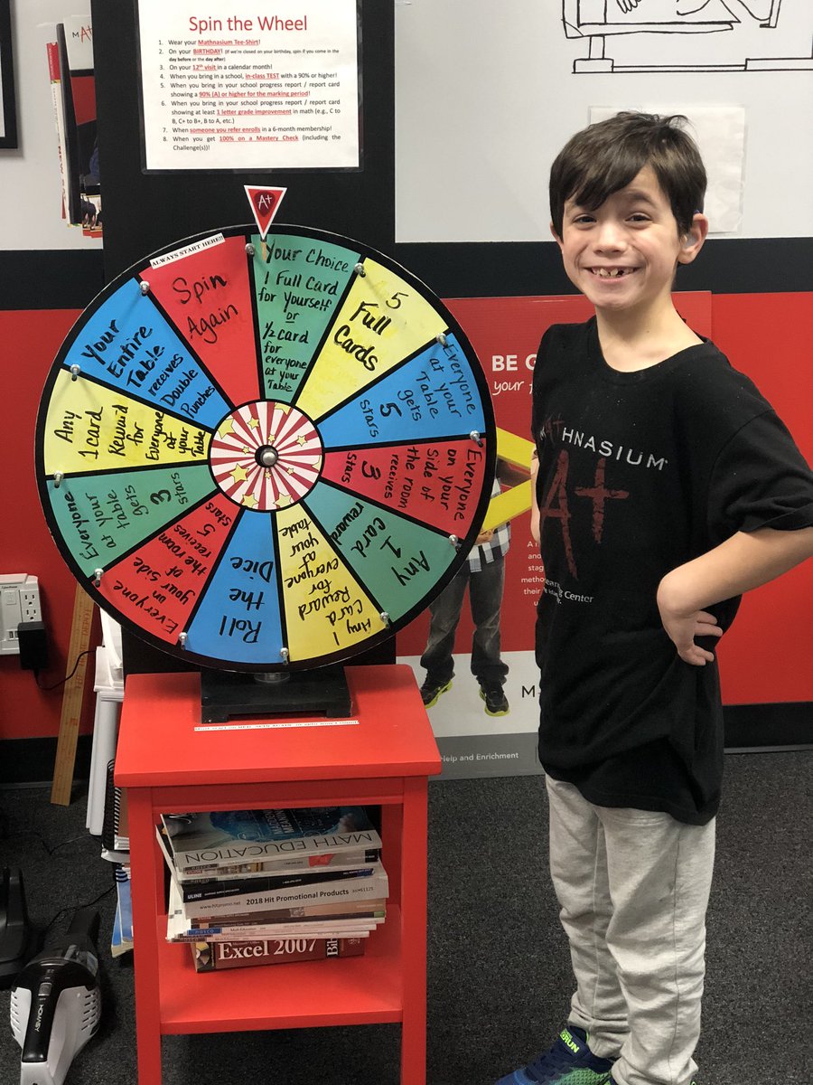 mathnasium4512's tweet photo. At Mathnasium of Sayville all of the students have many opportunities to spin the wheel for a reward. This Cool Cat student wore his Mathnasium T-shirt which earned him an automatic spin as soon as walked through the door! As you can see his smile is hard to hide!  #mathisfun https://t.co/HRHtIYaJWc