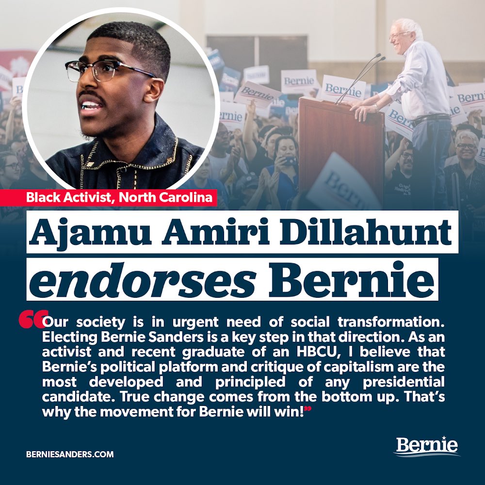 adillahunt_'s tweet photo. Proud to endorse @BernieSanders. I firmly believe a Bernie victory will move our society in the right direction. #NotMeUS #Bernie2020 https://t.co/dOS2P3SHVw