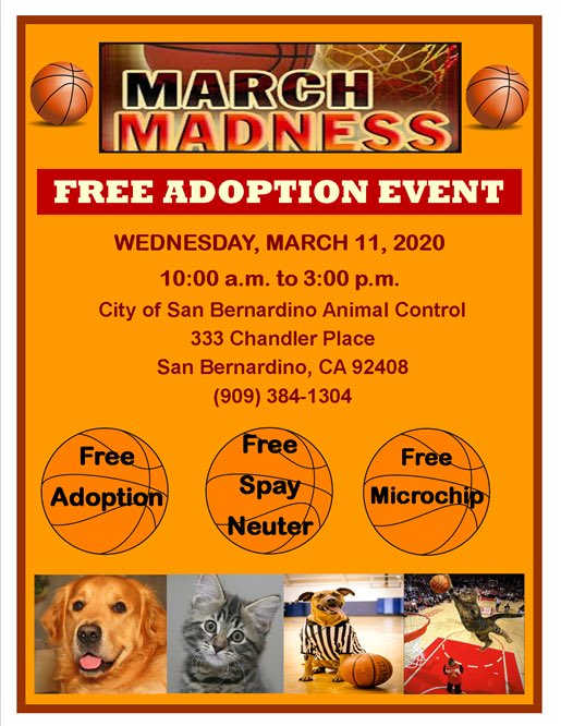 SanBernardinoPD's tweet photo. Join us on Wednesday March 11, 2020 from 10am to 3pm for a #freeadoption event 🐶🐱🐾 https://t.co/9z2MaCrxLd