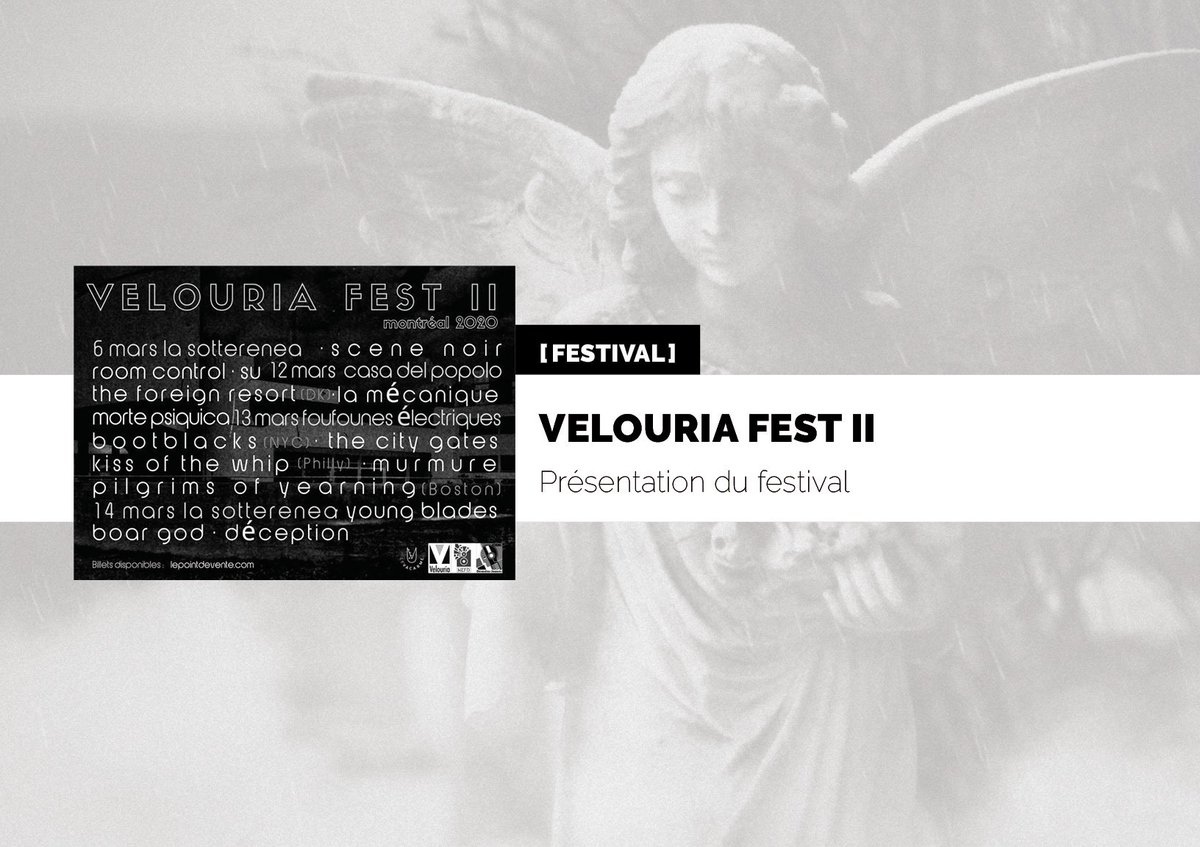 [Festival - Rappel] ⏬

Le Velouria Fest II débute demain avec <a href="/bootblacks/">Bootblacks</a>, <a href="/TheCityGates/">The City Gates</a>, @foreignresort, <a href="/kissofthewhip/">𝔎𝔦𝔰𝔰 𝔬𝔣 𝔱𝔥𝔢 𝔚𝔥𝔦𝔭</a>, <a href="/mvrmvre/">Murmure</a>, <a href="/roomcontrolband/">ROOM CONTROL</a>, <a href="/SceneNoir/">Scene Noir</a> et bien plus encore!

➡️ mesenceintesfontdefaut.com/2020/03/02/fes…

⏩ facebook.com/events/3576307…