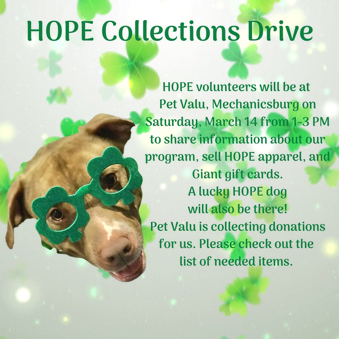 HOPEdogs's tweet photo. @PetValuUS in Mechanicsburg! 16 oz peanut butter, training treats, poop bags, doggie shampoo, pig ears, paper towels, cleaning solution, toys... No sharp toys, rope toys or spray bottles please! They’re going into the prison. Tks! https://t.co/3rOjWcj8O3