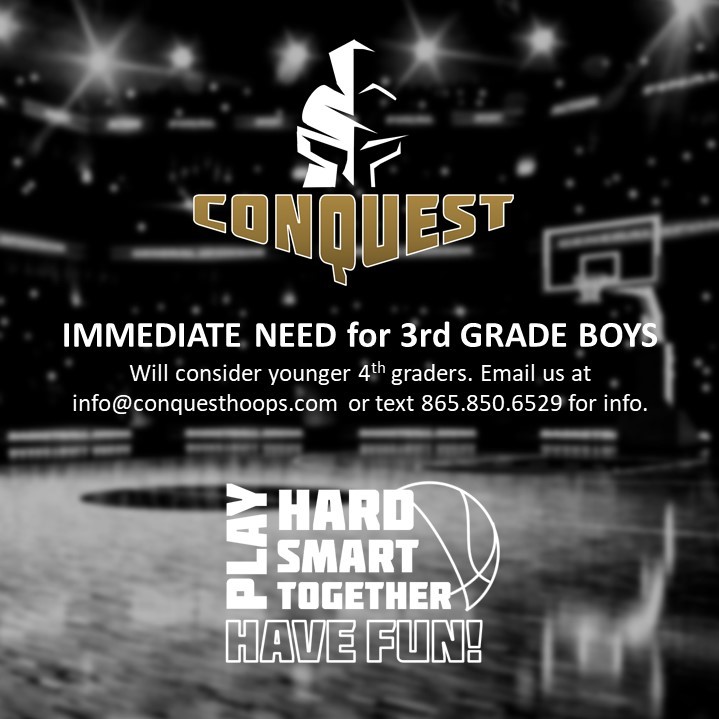 ConquestHoopsTN's tweet photo. Openings in 3rd, 7th and for 10th or 11th grade Boys players! Also a couple of spots for Girls HS players. Email info@conquesthoops.com or text 865-850-6529 for more info! #TSSAA #TMSAA #AAU #basketball https://t.co/bzXbTSyX6b