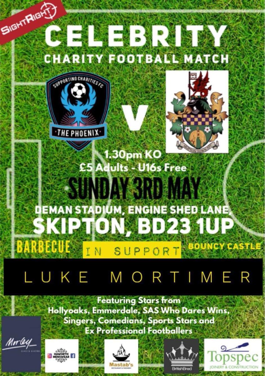 SkiptonJFC's tweet photo. ‼️ Charity  Event ‼️

Celebrity Team v Skipton Town AFC

Tickets now available - £5 adults,  U16's free

Contact the Skipton AFC website 

#ThisIsLuke #LukeMortimer https://t.co/6VLQOTWuVS