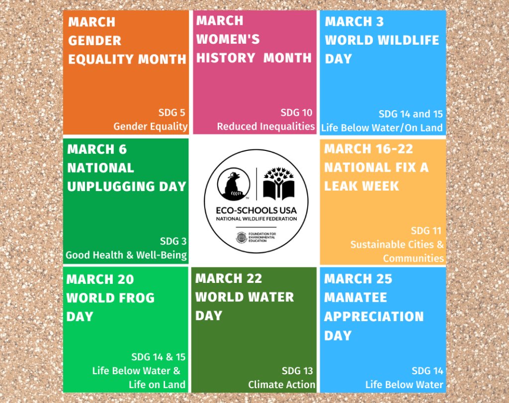 EcoSchoolsUSA's tweet photo. What will you do to take action for the environment in March? #EcoSchoolsUSA #SDGs https://t.co/673YE3Qqx3