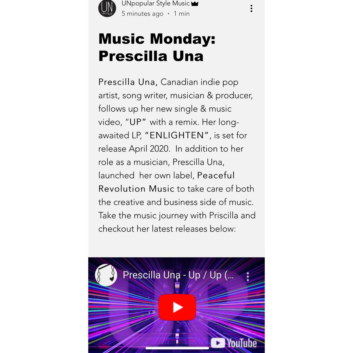 sashastoltz's tweet photo. Thanks to Atlantaโs @unpopularstyleM for the feature on #sashastoltzpublicity client #risingartist @Prescillauna https://t.co/3tIBqmgeRz #prescillaunamusic #newmusic #upremix #atlanta #MondayMood #MusicMonday https://t.co/uP7asdKBTL