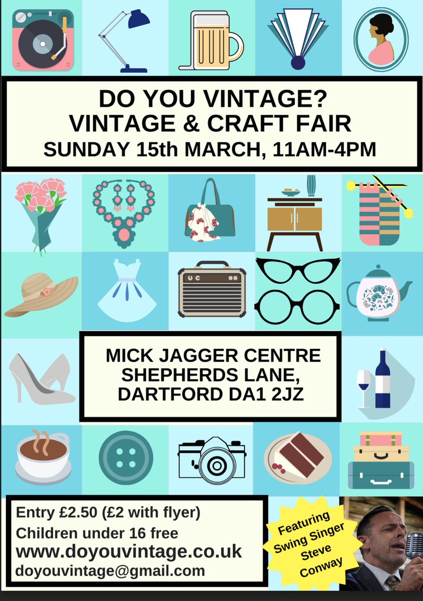 Sun 15th March is our next Vintage & Craft Fair@mickjaggercentr in #Dartford #londonhour #creativebizhour #markethour #bexleyheathhour #bettertogether #mindfulmonday #mondaymuse #collaboratemonday #vintageclothing #vintagestyle #antiques #swingmusic