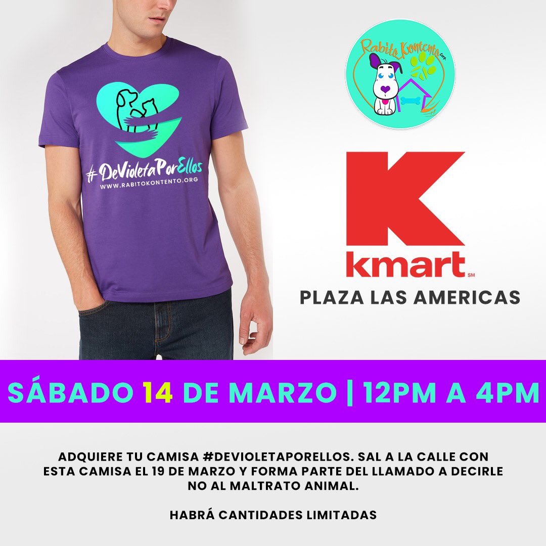 rabitokontento's tweet photo. Adquiere tu camisa #DeVioletaPorEllos 💜 este próximo 14 de marzo de 12 pm a 4pm en Kmart de Plaza las Américas. Sal a la calle con esta camisa el 19 de marzo y forma parte del llamado a decirle NO al maltrato animal. cantidades limitadas por tamaños. https://t.co/n52rH2JDRf https://t.co/kT7VS7a6Cm