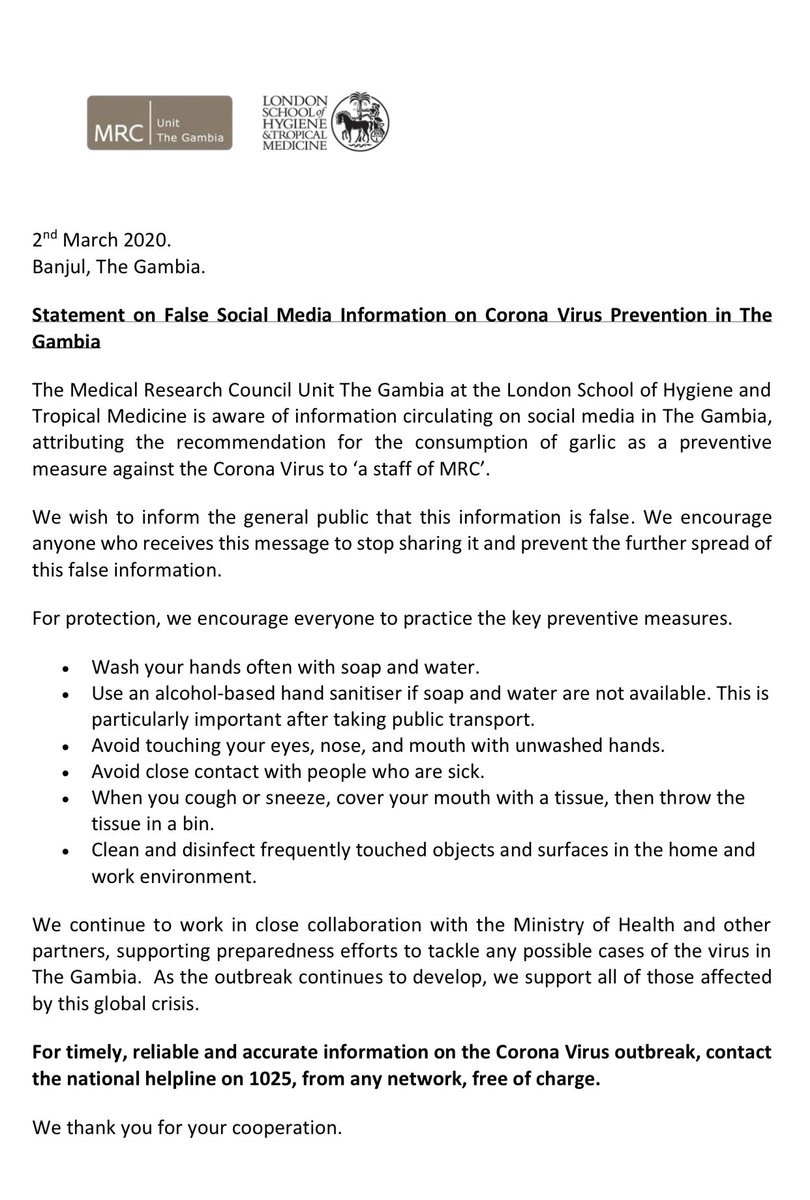 mrcunitgambia's tweet photo. We have learnt, with great concern, about inaccurate information on preventing the corona virus, circulating on social media, and linked to our Unit. 

We hereby inform the general public that this information is false. 

More on our official statement below. Please share. https://t.co/C9MBt1H8US