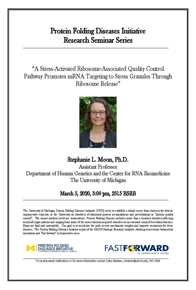 Join us at the PFD Seminar Series this Thursday, March 5, when we welcome Dr. Stephanie Moon, Assistant Professor, in the Department of Human Genetics and the Center for RNA Biomedicine at U of M!