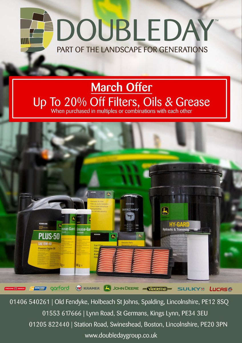 DoubledayGroup's tweet photo. This March your local Doubleday Parts Department will have up to 20% off all Filters, Oils and Grease when you purchase in multiples or combinations with each other! Donโt miss out!! ๐ข #Deal #MarchOnly https://t.co/cAGl8mGxmK
