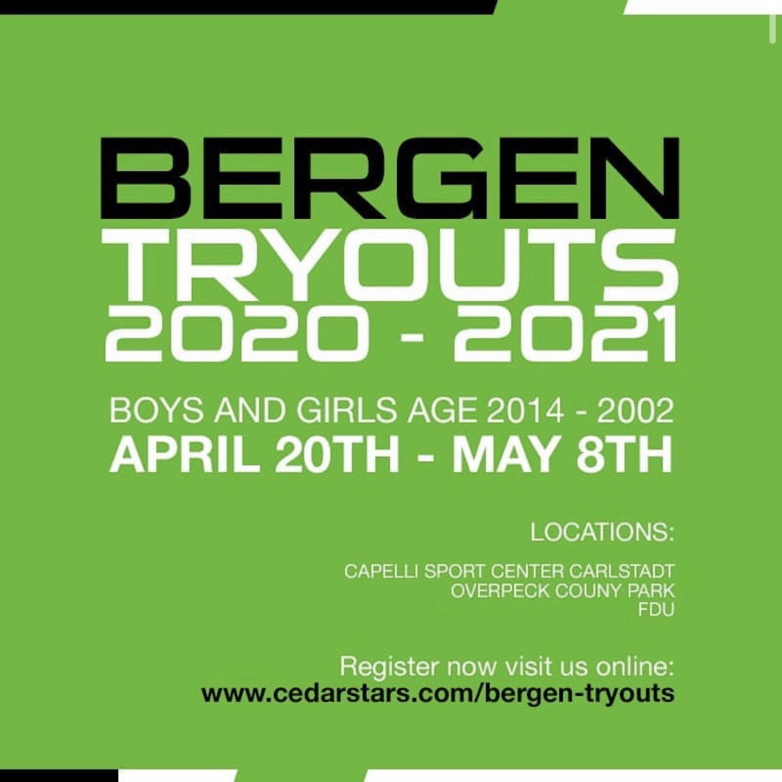 TRYOUT SEASON IS HERE!

Register online now to be considered for evaluation for CSA for the fall season 2020 - 2021.

Registration mandatory for current and interested players.

Find your division and sign up now!
 cedarstars.com

#forevergreen #cedarstarsacademy