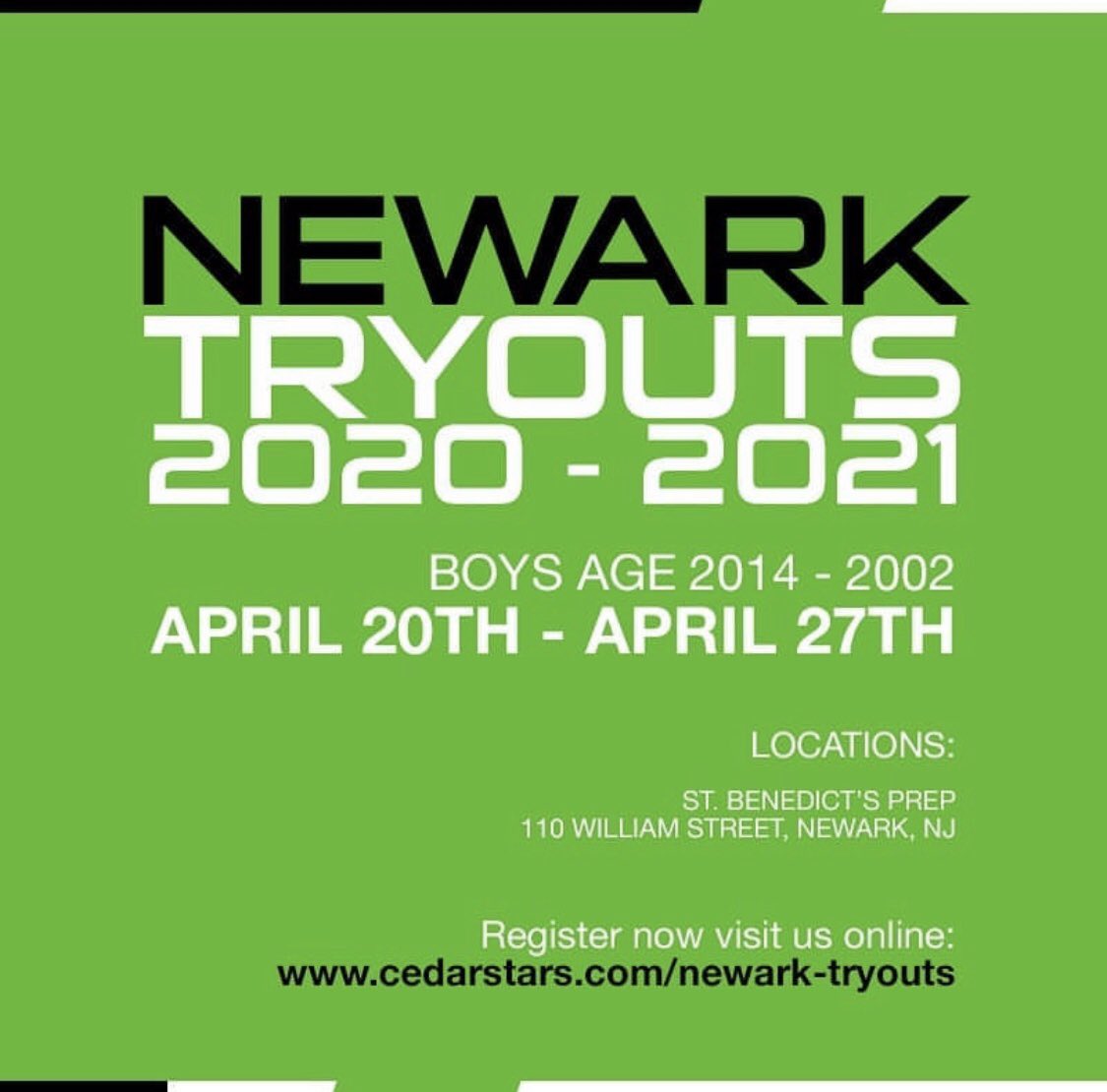 TRYOUT SEASON IS HERE!

Register online now to be considered for evaluation for CSA for the fall season 2020 - 2021.

Registration mandatory for current and interested players.

Find your division and sign up now!
 cedarstars.com

#forevergreen #cedarstarsacademy