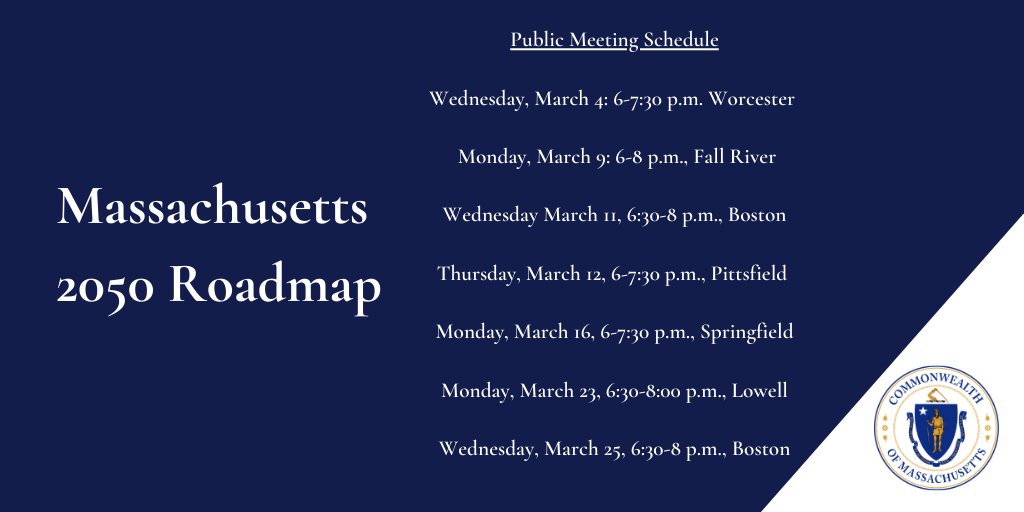 Building on MA's leadership on #climate, <a href="/masseea/">Massachusetts Energy and Environmental Affairs</a> is seeking input on our new target of #netzero emissions by 2050. Join these meetings to engage on the 2050 Roadmap planning effort and the draft 2050 net zero emissions limit letter: 

🔗 Learn More: mass.gov/info-details/m…