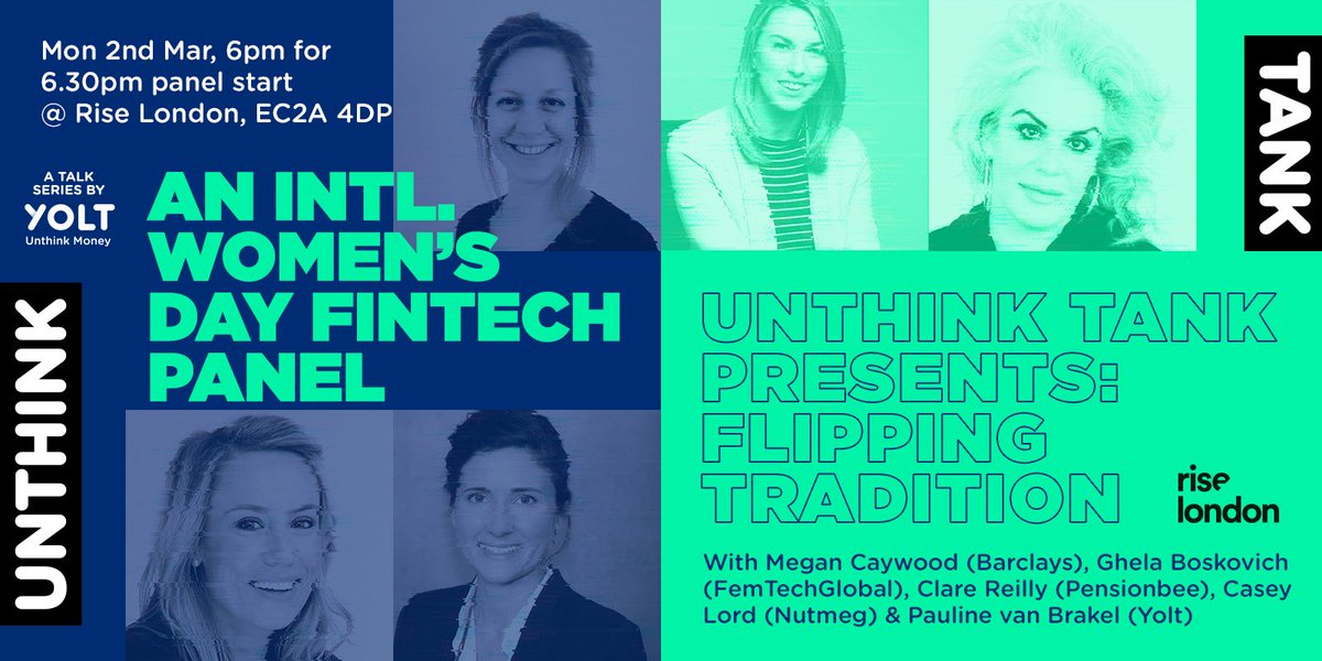 MeganCaywood's tweet photo. Enjoyed speaking at #UnthinkTank @ThinkRiseLDN for a special #IWD2020 event - had the good fortune of speaking alongside the brilliant @paulinevbrakel (@getyolt), @GhelaBoskovich, Clare Reilly (@pensionbee) and Casey Lord (@thenutmegteam).
Exciting times in #fintech ahead 😄🙌 https://t.co/4ypdWnrnFH