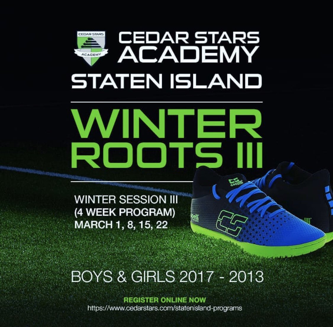 Staten Island Winter Roots: Winter session III already underway sign up now!
Open to boys and girls 2017 – 2013. 
for more details visit: cedarstars.com/statenisland-p…