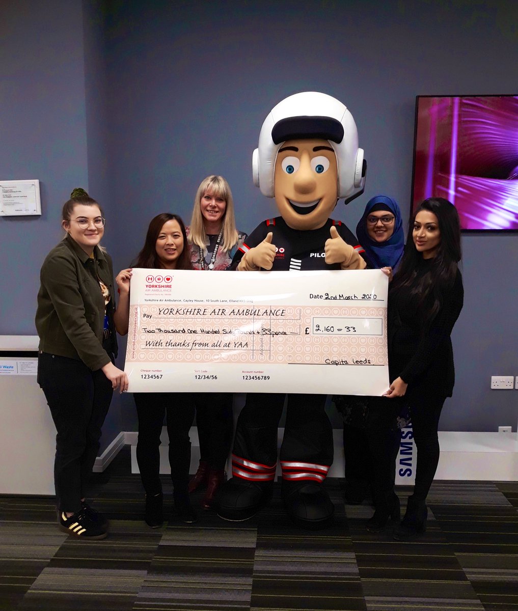Pilot Percy visited <a href="/CapitaPlc/">Capita</a> <a href="/CapitaCustMgt/">Customer Management</a> at Arlington Business Centre Leeds today to say a big thank you for their year of fundraising for <a href="/YorkshireAirAmb/">Yorkshire Air Ambulance</a> 🚁💛thank you to all the staff for your continuing support!#charity #staff #savinglivesacrossyorkshire
